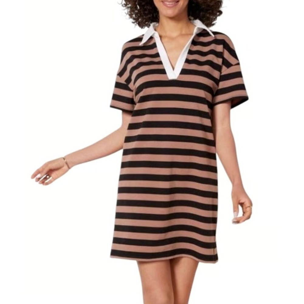 Evereve Nova Polo Dress Medium Preppy Striped Dark Taupe Black V-Neck Mini Knit